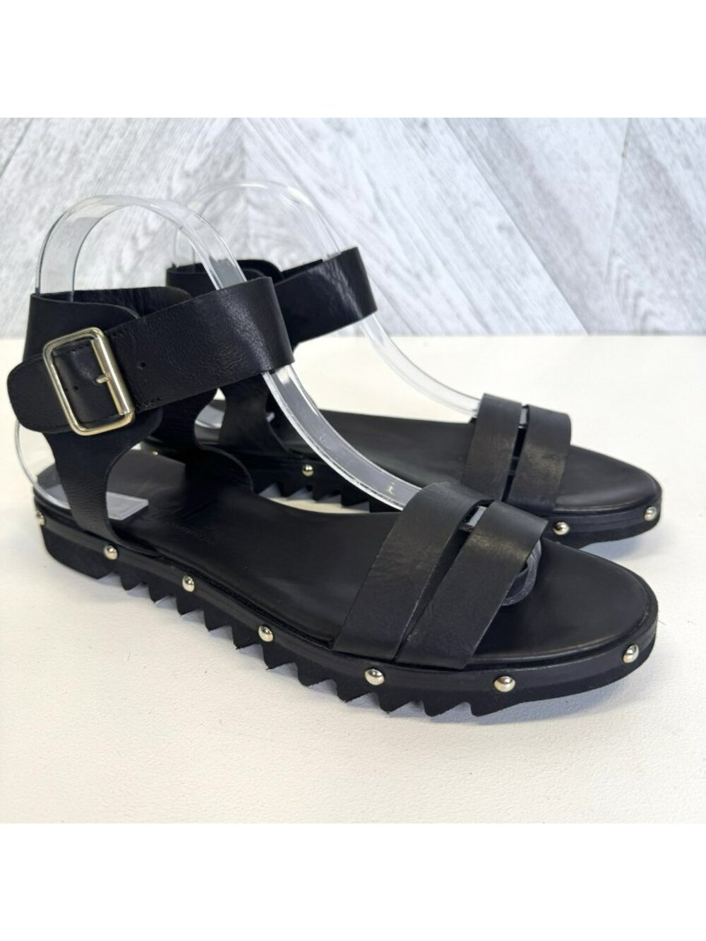 AGL Ankle Wrap Sandals Black Leather Platform Studded Lug Sole EU 39 US 8.5-9